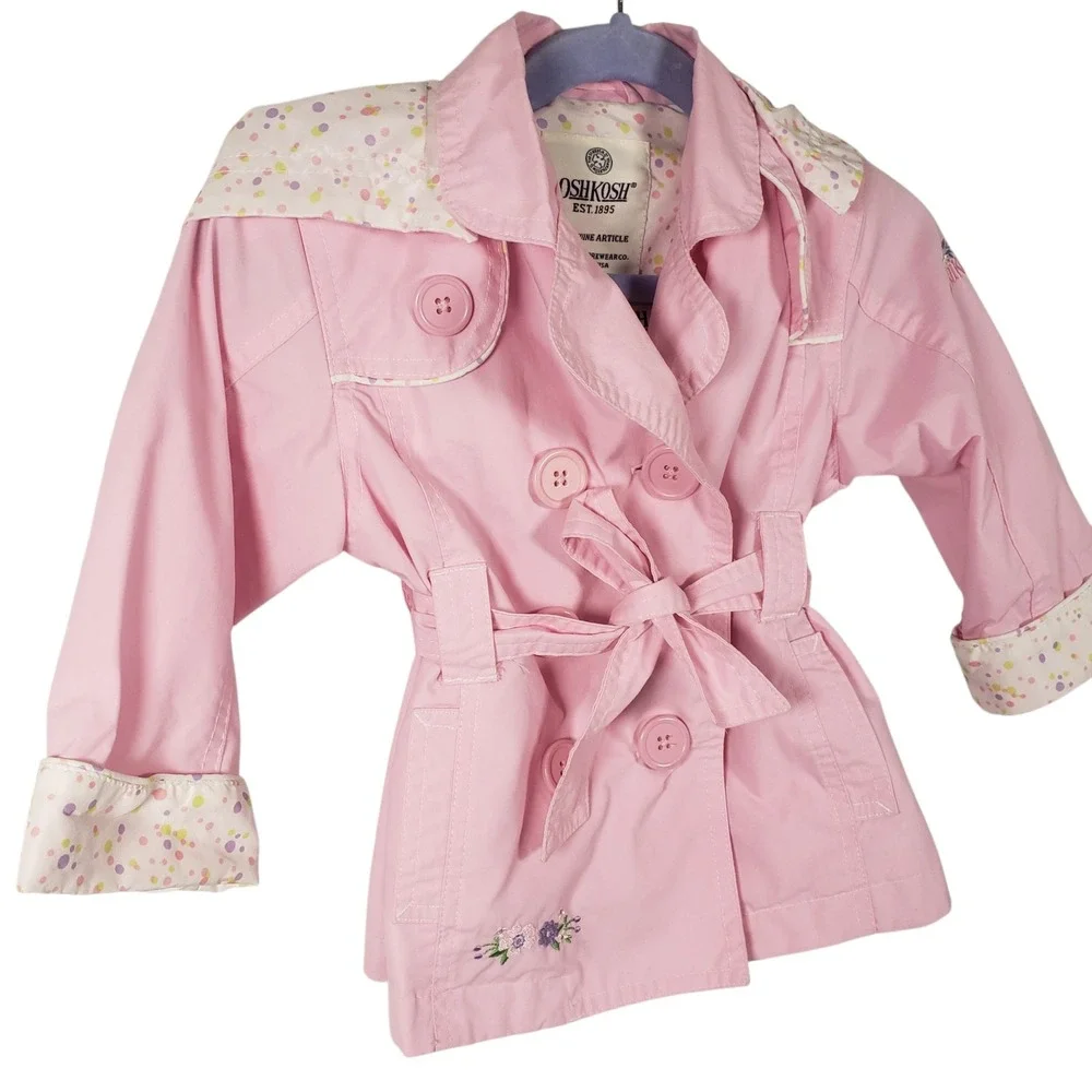 Vintage OshKosh Baby Girls Pink Trench Coat Floral‎ Embroidered Jacket 18 mths